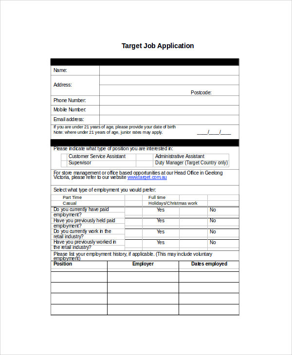 printable target job application