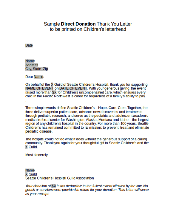 sample thank you letter for donation
