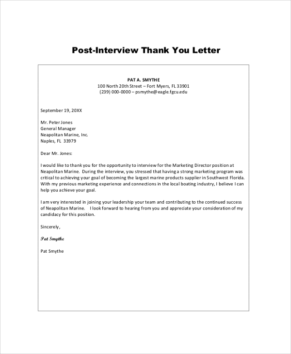 sample thank you letter post interview