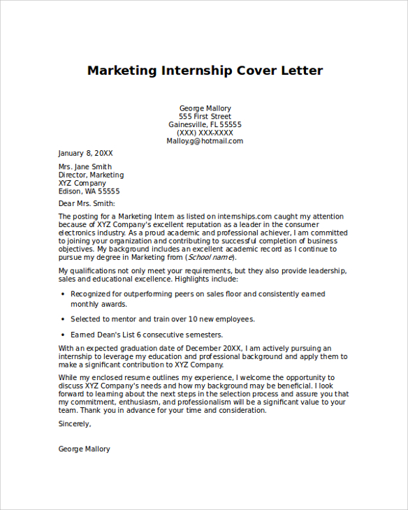 cover letter for marketing internship