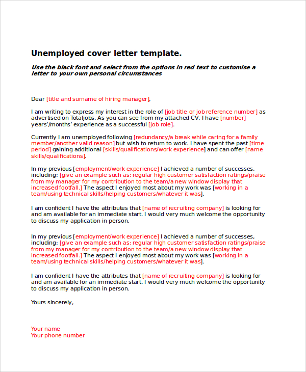 unemployed resume cover letter