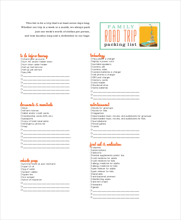 printable vacation packing list