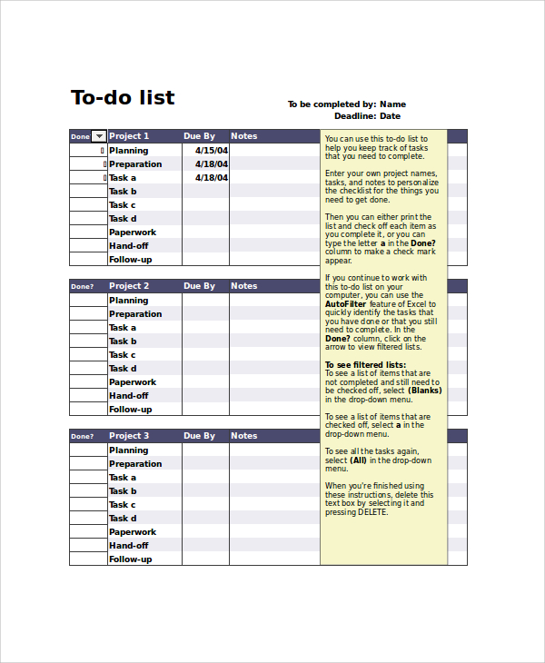 project to do list excel format