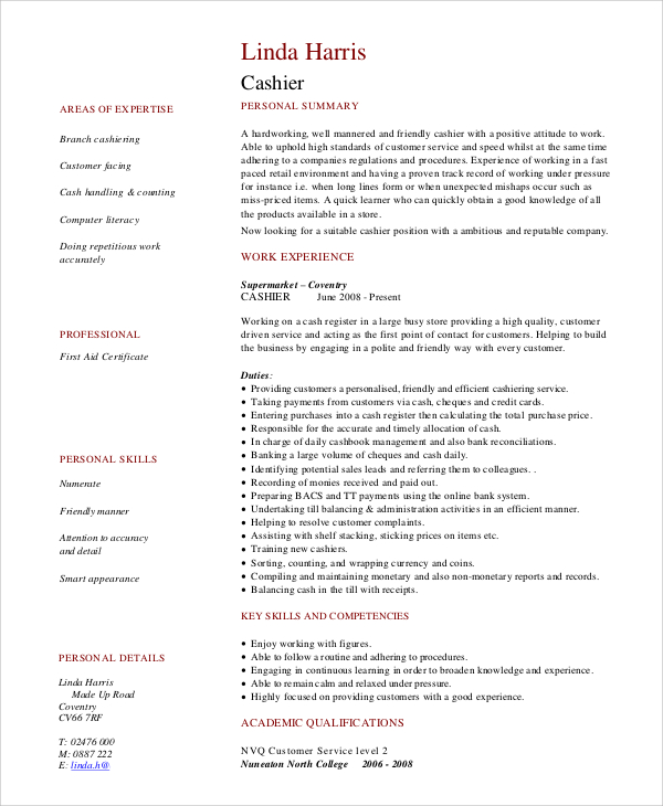 FREE 7+ Sample Cashier Resume Templates in MS Word PDF