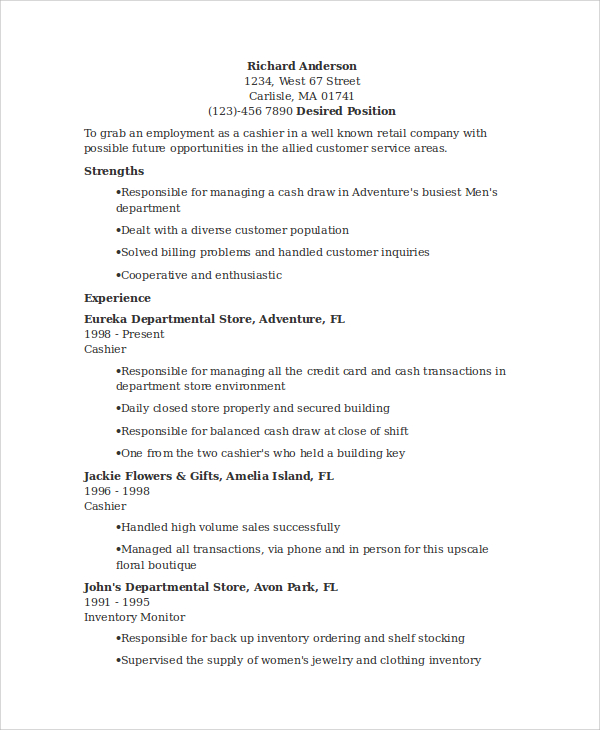 FREE 7+ Sample Cashier Resume Templates in MS Word | PDF