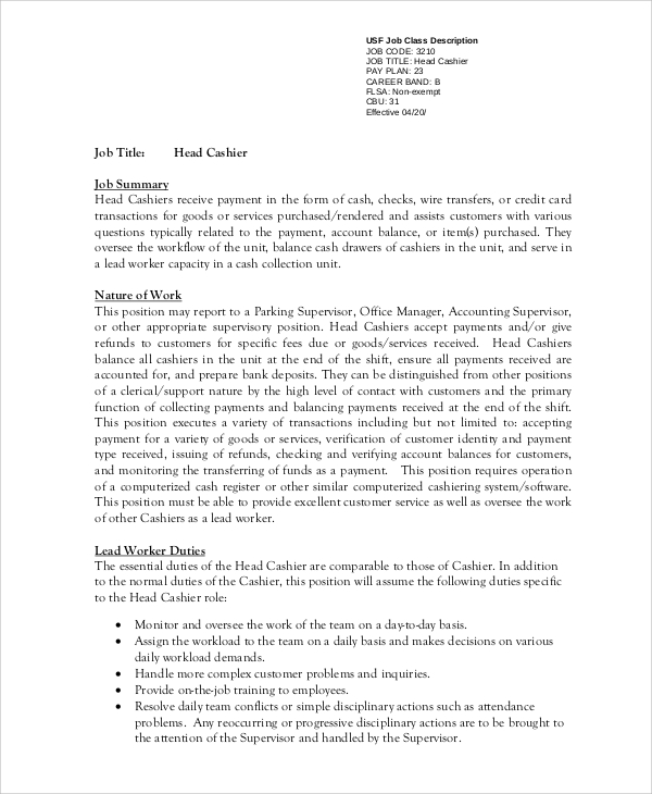 Free 7 Sample Cashier Resume Templates In Ms Word Pdf