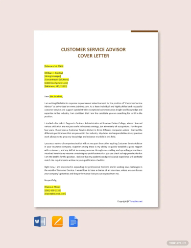 customer service advisor cover letter template