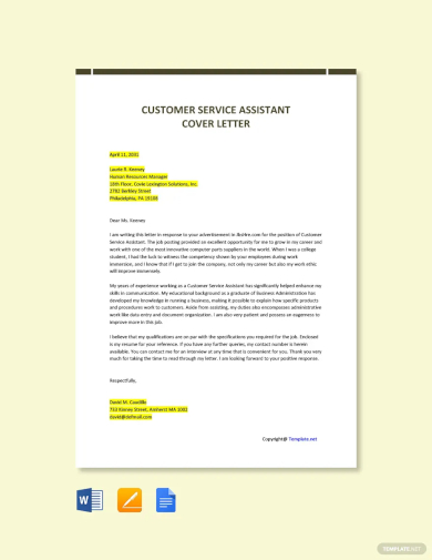 customer service assistant cover letter template