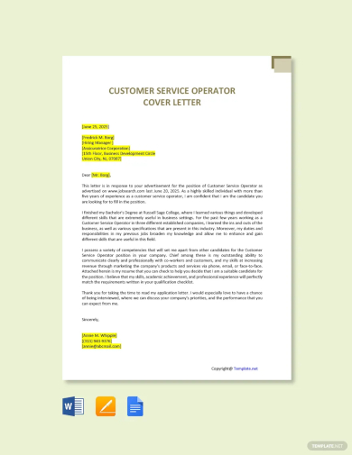 customer service operator cover letter template