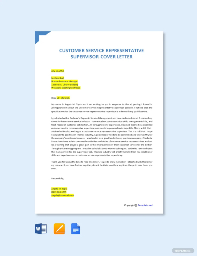 customer service representative supervisor cover letter template