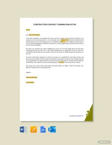 free construction contract termination letter template