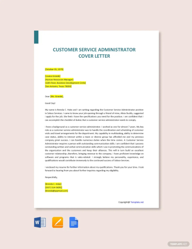 free customer service administrator cover letter template
