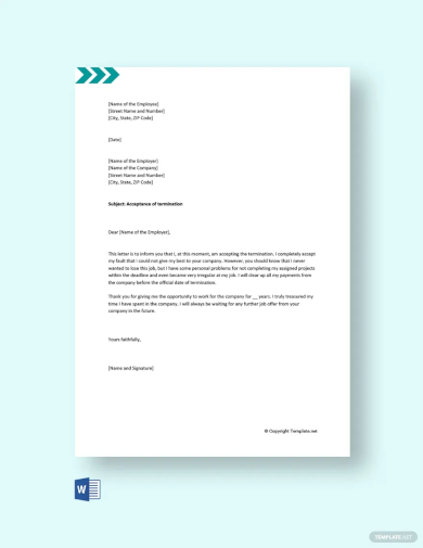 free job termination acceptance letter template