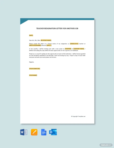 free teacher resignation letter for another job template