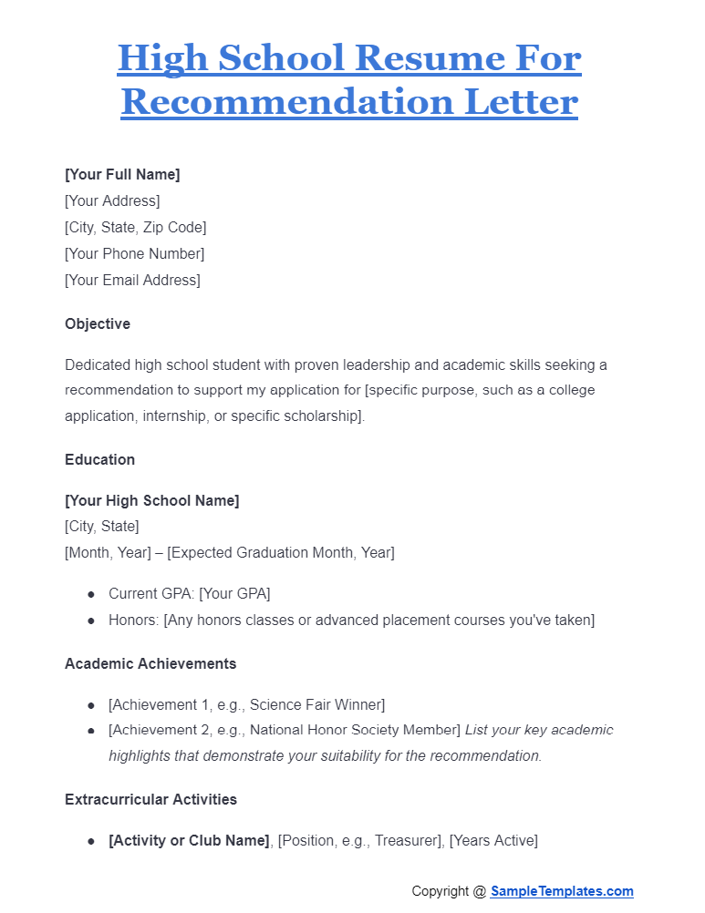 high school resume for recommendation letter
