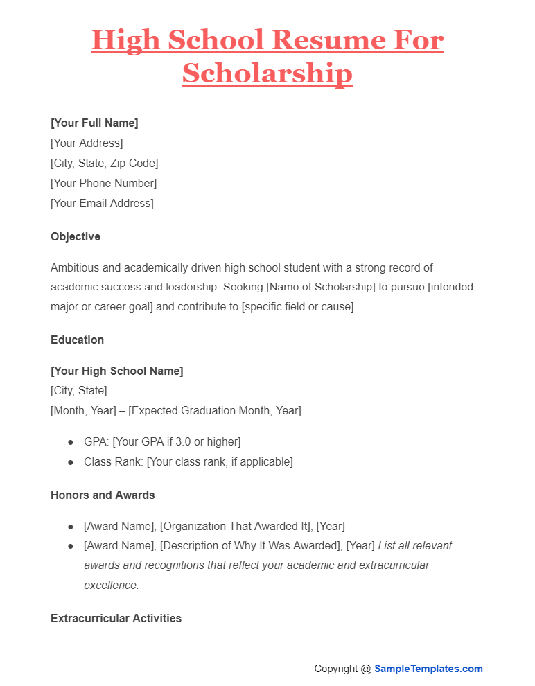 high school resume for scholarship