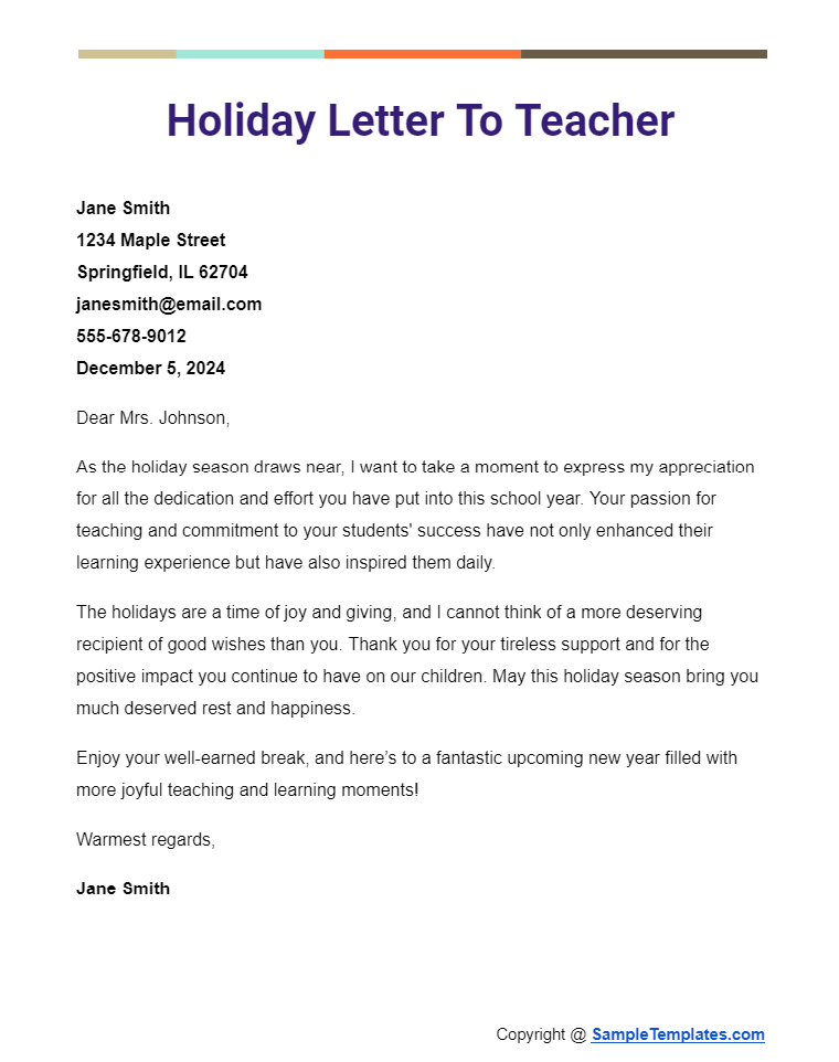 holiday letter to teacher