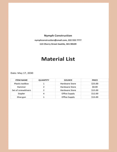 material list template