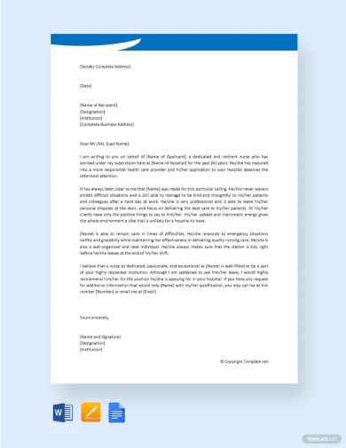 nursing character reference letter template
