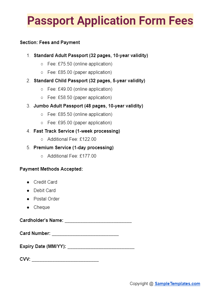 passport application form fees