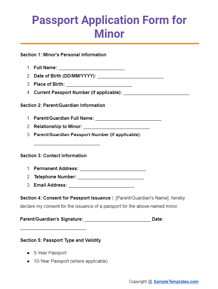 passport application form for minor