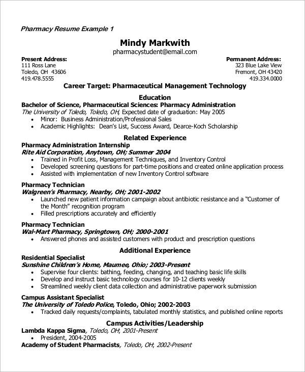 pharmacy student resume