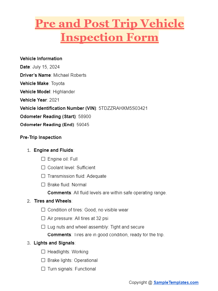 pre and post trip vehicle inspection form