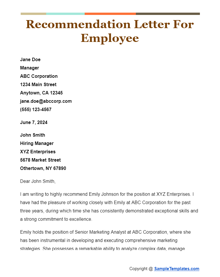 recommendation letter for employee