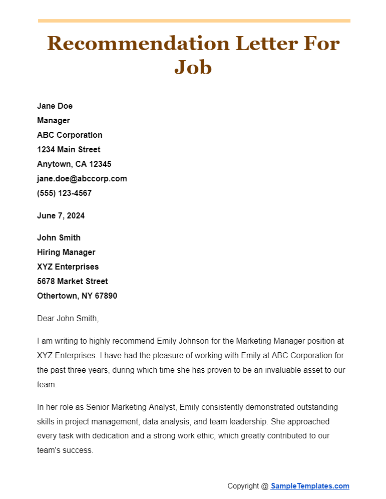 recommendation letter for job