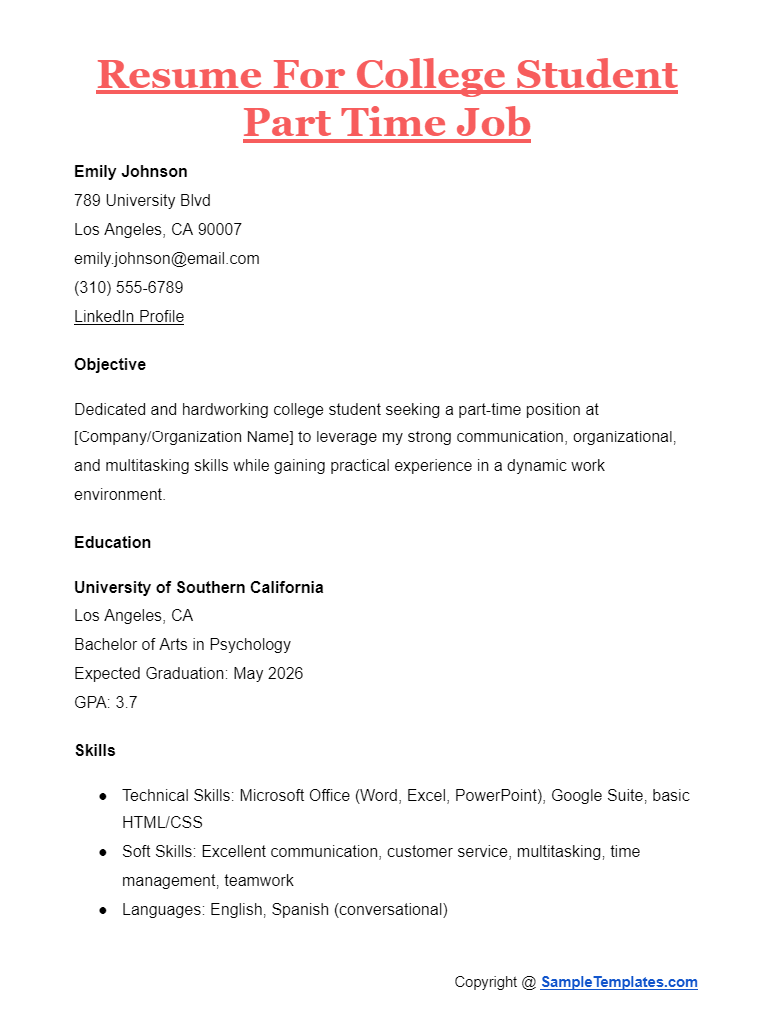 resume for college student part time job