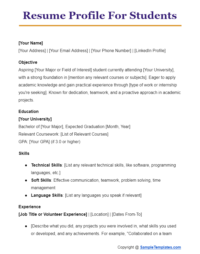 resume profile for students