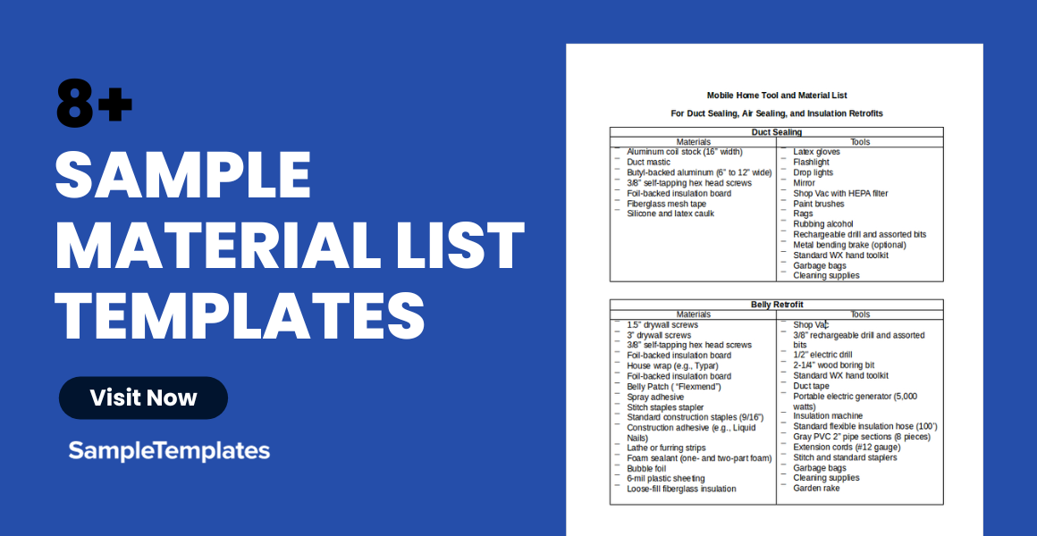 sample material list templates