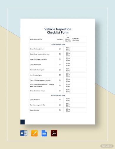 vehicle inspection checklist form template