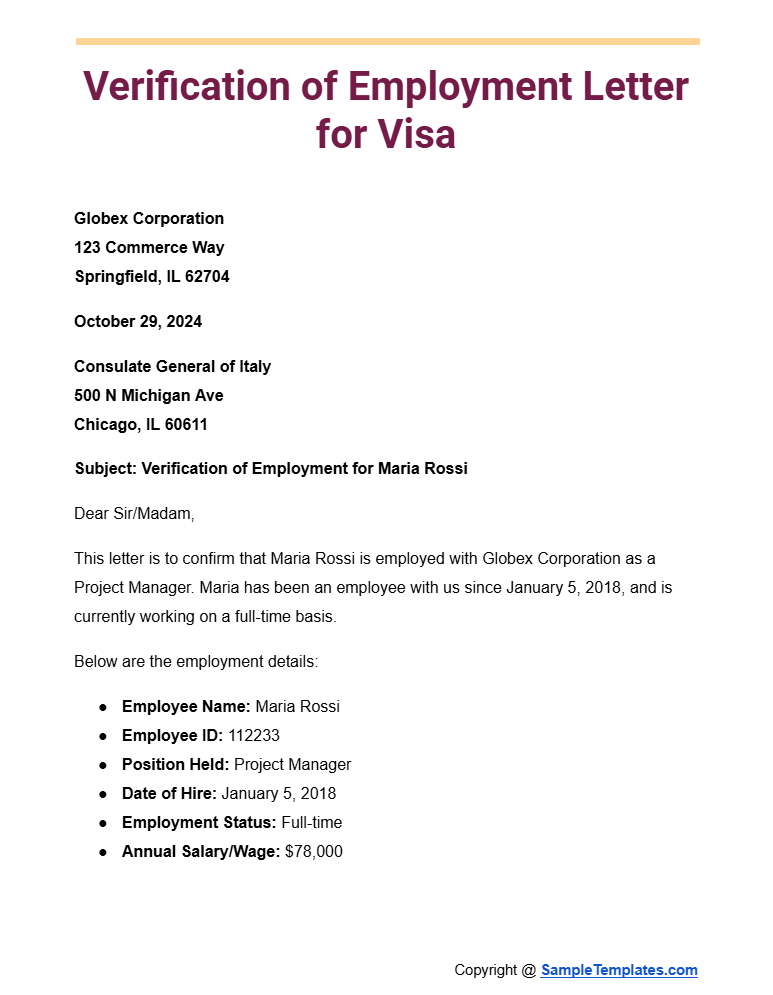 verification of employment letter for visa