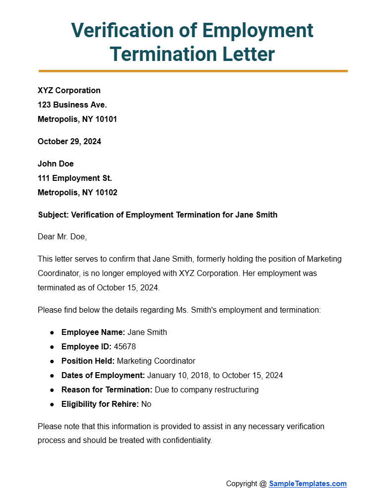 verification of employment termination letter