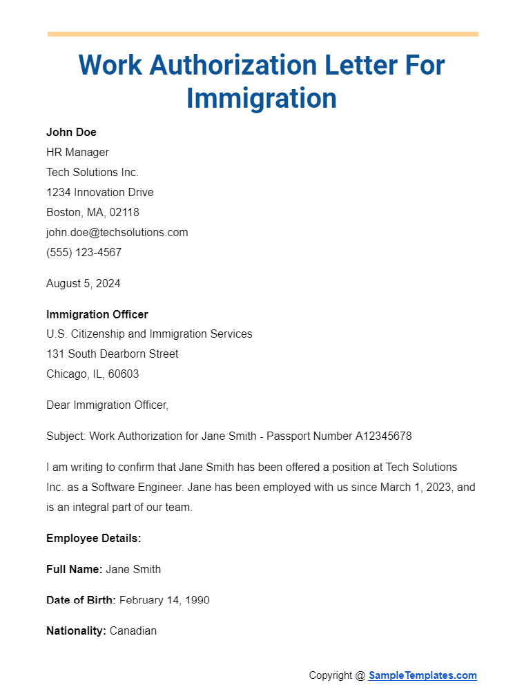 work authorization letter for immigration