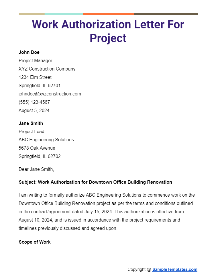 work authorization letter for project