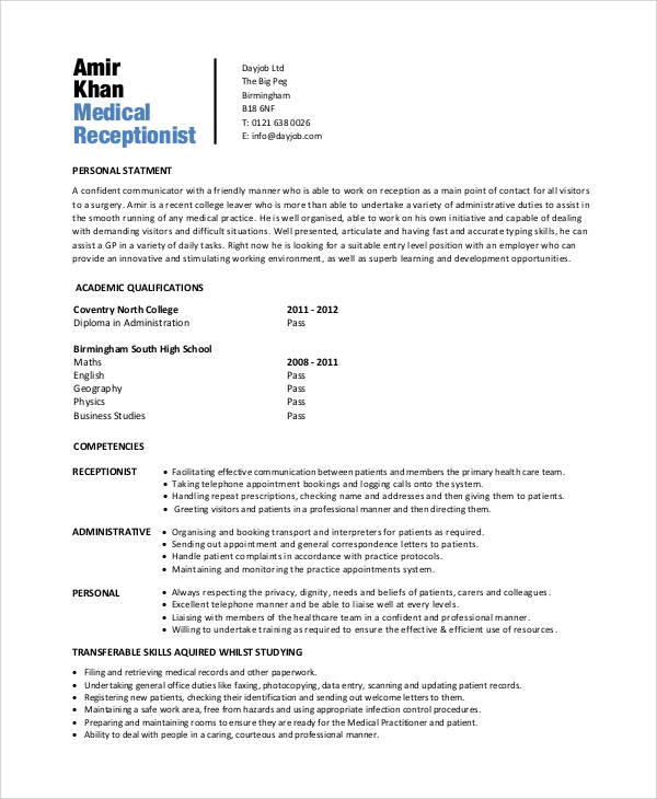 FREE 7+ Sample Receptionist Resume Templates in PDF MS Word