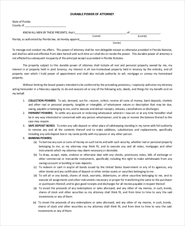 Sample Durable Power Of Attorney Form 9 Examples In PDF Word