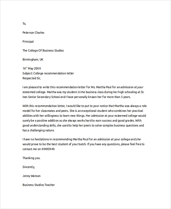 Reference Letter For Employee For College