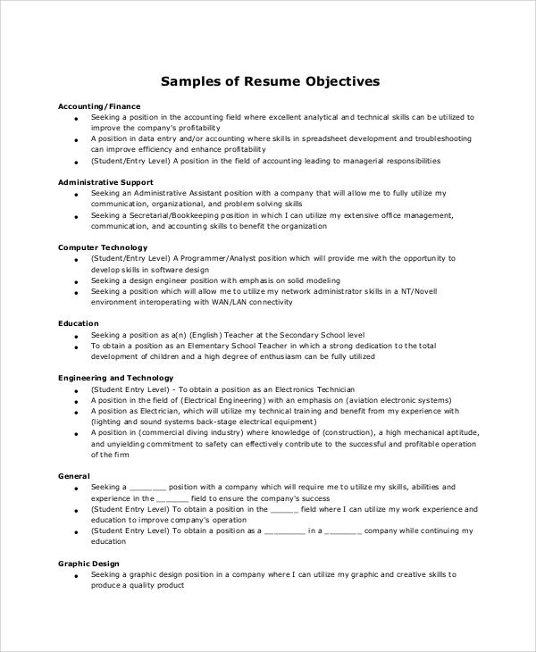 FREE 6+ Sample Resume Objective Templates in MS Word PDF