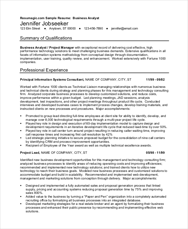 Free 7 Sample Business Analyst Resume Templates In Pdf Ms Word