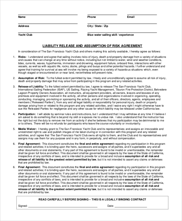 liability waiver example