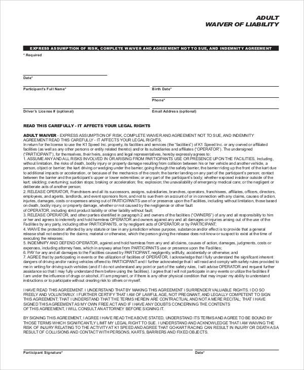 adult liability waiver form