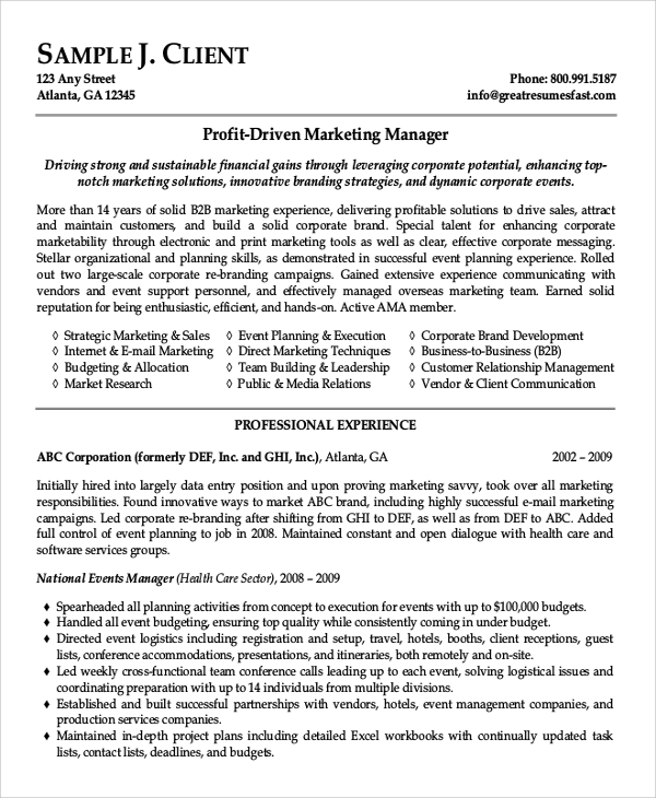 Free 8 Sample Marketing Resume Templates In Ms Word Pdf 9288