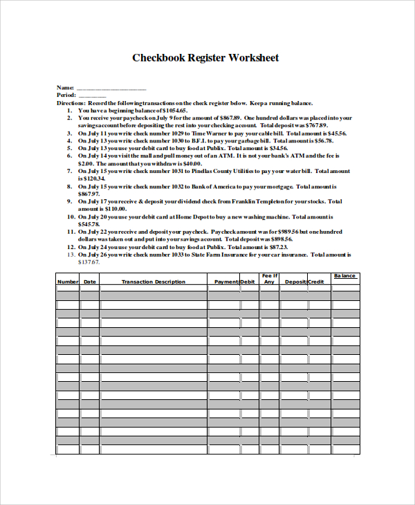 6 Sample Printable Checkbook Registers Sample Templates Worksheet