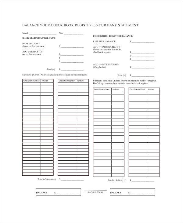 printable checkbook register bank statement