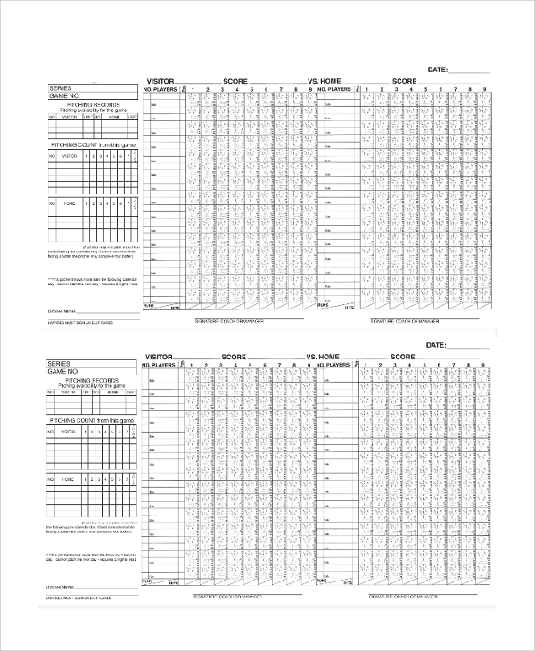 baseball game series score sheet