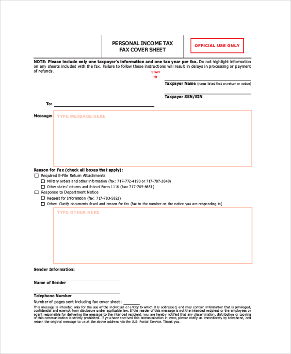 income tax fax cover sheet pdf