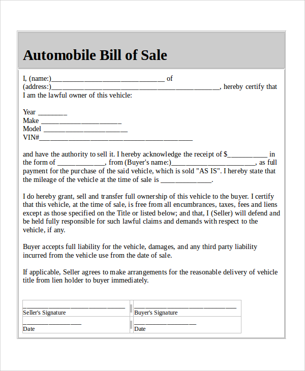 FREE 8 Sample Automobile Bill Of Sale Templates In MS Word PDF